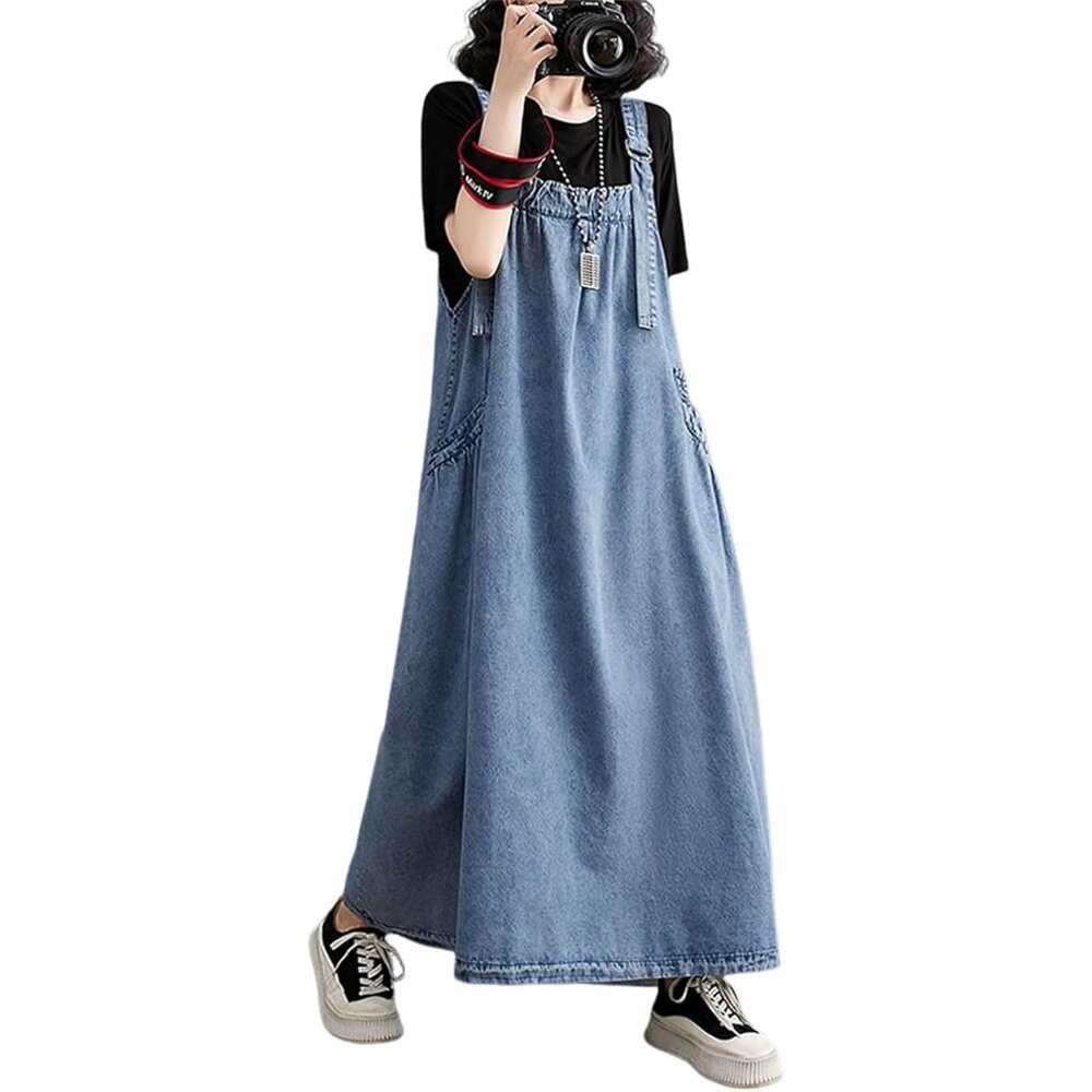 Women's Denim Jumper Dress Loose Baggy Maxi Adjustable Straps Oversize